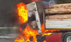 İzmir-Aydın yolunda tomruk yüklü TIR alev aldı