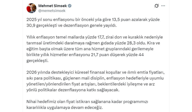 Şimşek: Enflasyonda düşüş hızlandı, dezenflasyon genele yayıldı