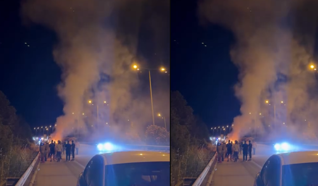 İzmir-Çeşme Otoyolu’nda seyir halinde bir araç yandı