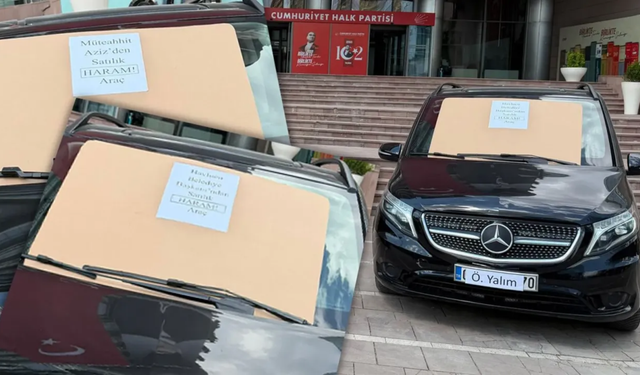 CHP Genel Merkezi önünde dikkat çeken görüntü: ‘Satılık haram araç’ yazısıyla satışa çıkarıldı