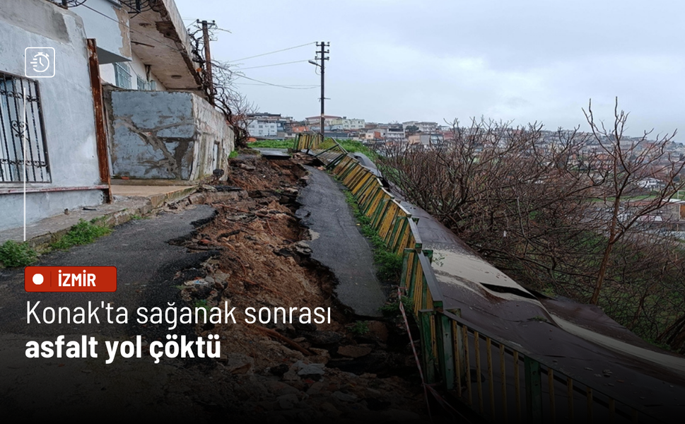 Konak'ta sağanak sonrası asfalt yol çöktü