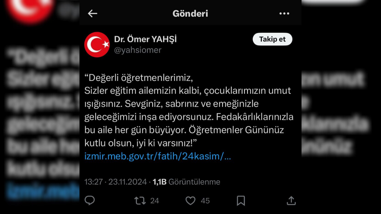 İzmir İl Millî Eğitim Müdürü Ömer Yahşi'den Manidar Öğretmenler Günü Paylaşımı!