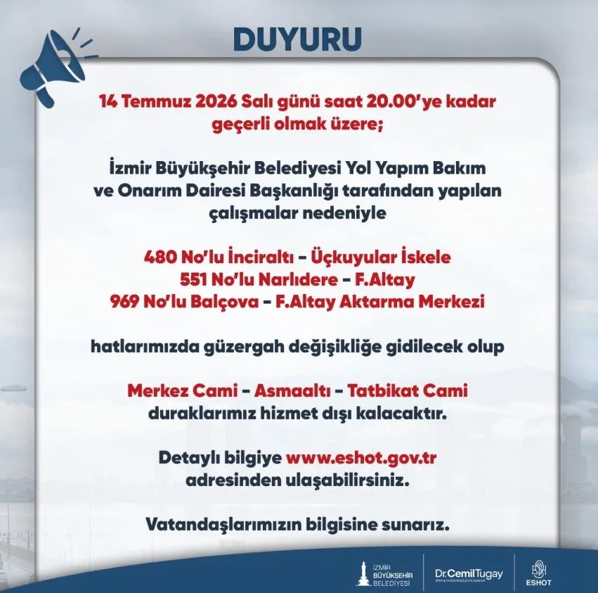 Eshot'tan 3 Hat İçin Güzergâh Değişikliği! Bazı Duraklar Hizmet Dışı Kaldı