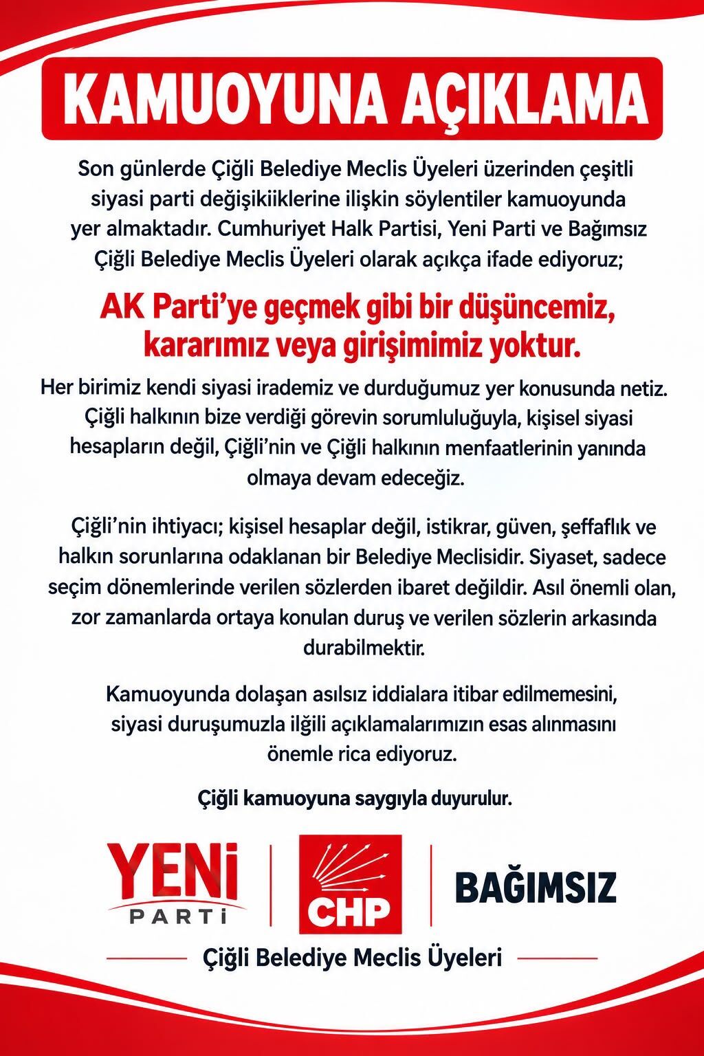 Çiğli Bel Ortak Açıklama